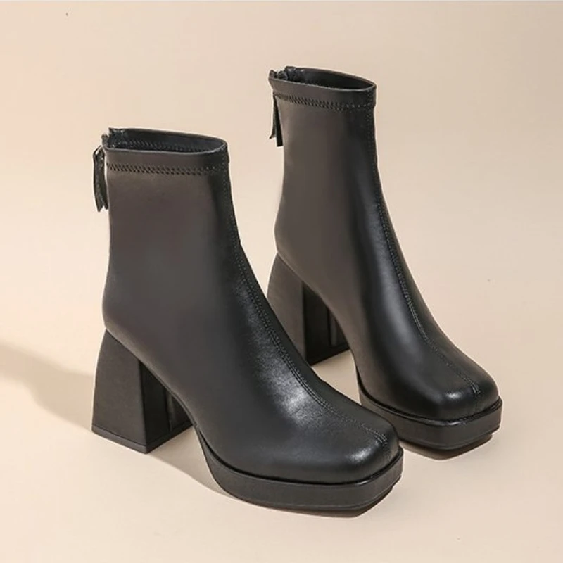 Short High Women Fashion Shoes Autumn Winter Chunky Heels Waterproof Square Toe Plus Size Ankle Boots 2024 f011