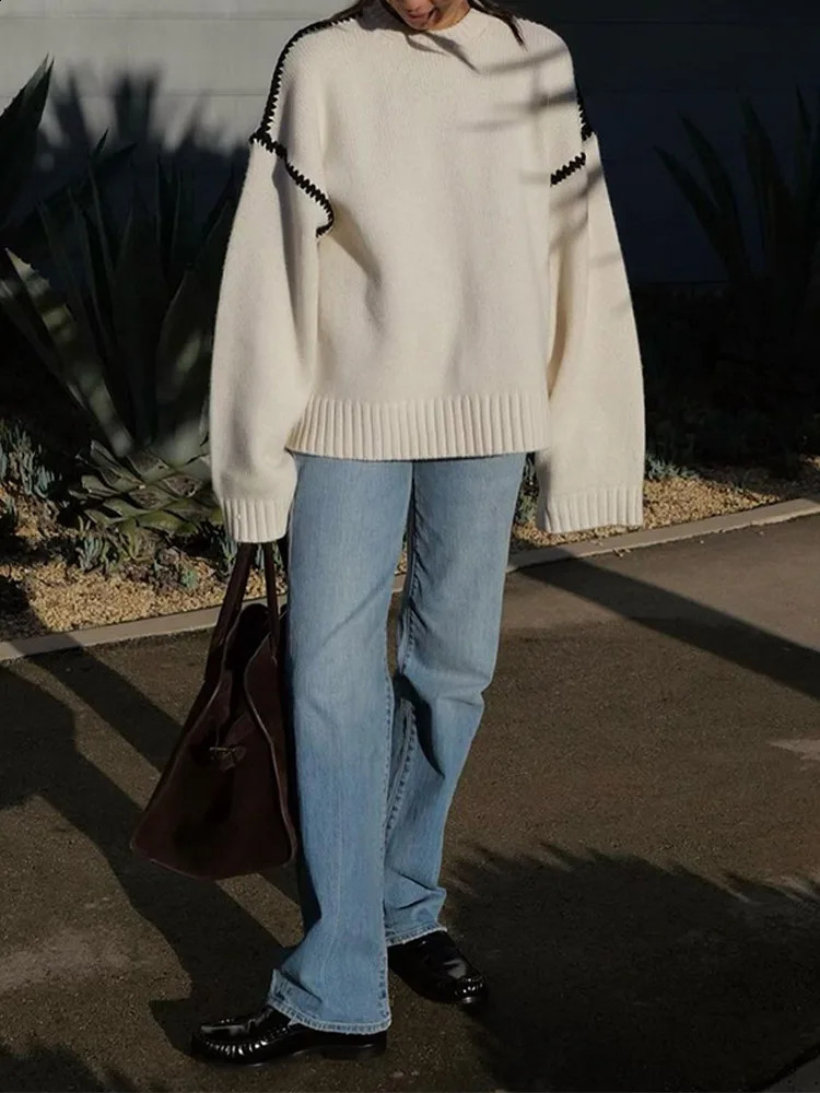 2024 Women Chic Solid O Neck Patchwork Sweater Casual Long Sleeves Loose Knitted Pullover Autumn Winter Lady Fashion Knitwear 240903