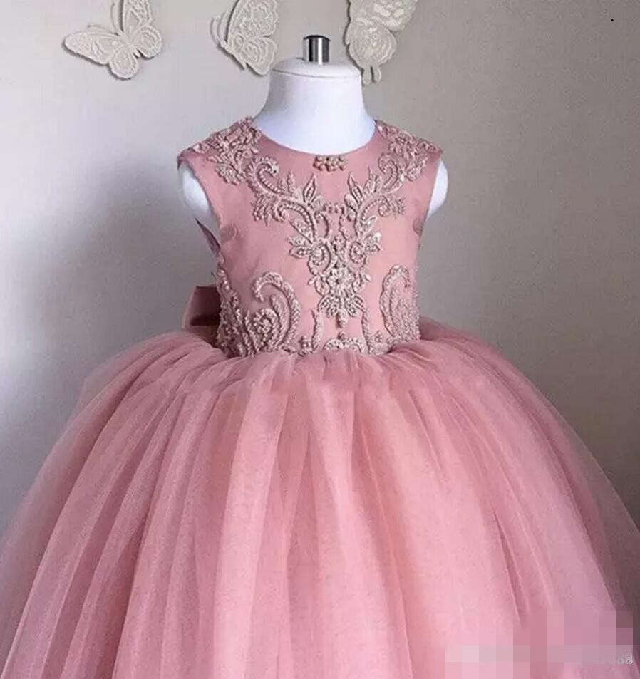 Pink Wer Dusty Girls Dresses Newest Tulle Beaded Pearls Jewel Neck Sleeveless Or Length Bow Kids Pageant Formal Wear 6660306
