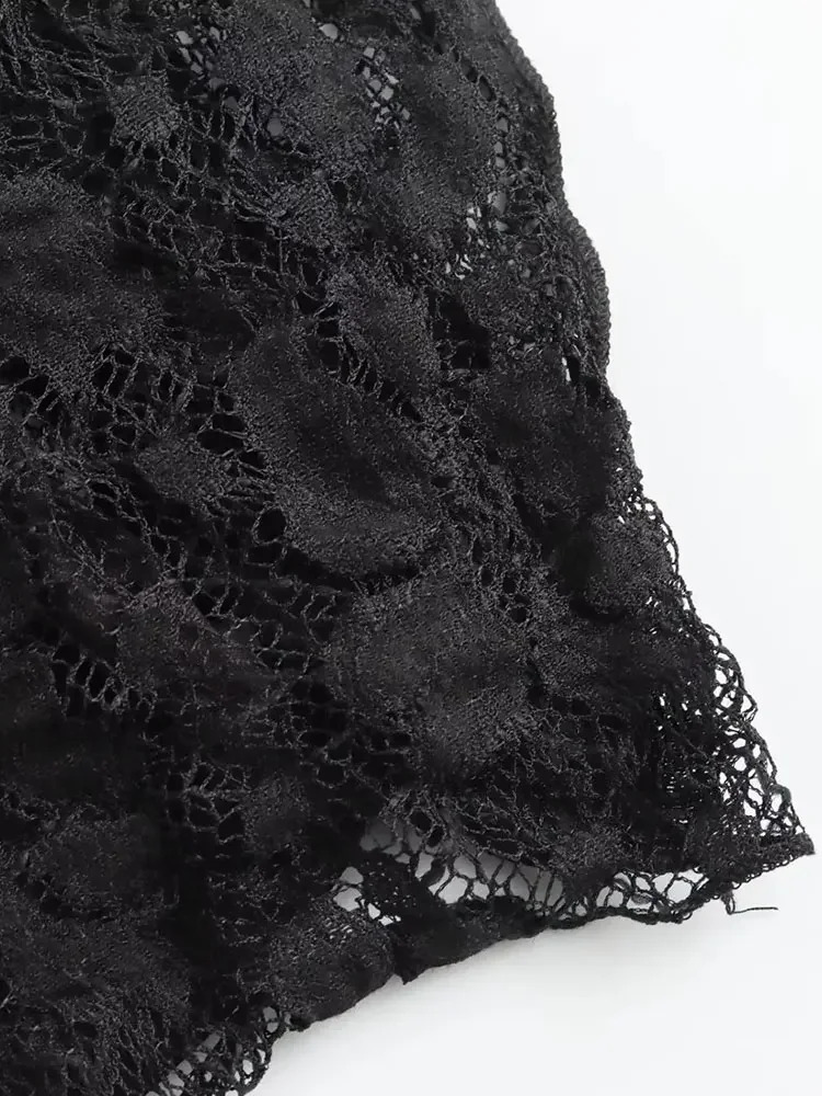 TRAF 2024 Womens High Neck Lace Midi Dress Retro Ultra Thin Long Dress Womens Sexy Strap Evening Dress 240904