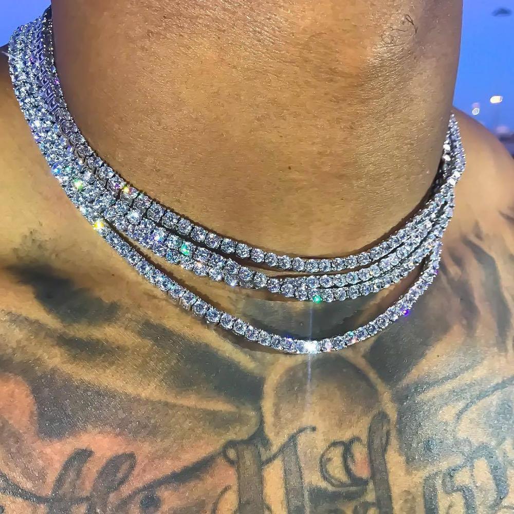 Real sterg sier Hip Hop Moissanite Jewelry Iced Out VVS1 D Color Mossanite Dia Necklace 4mm Tennis Gold chain for Women Men