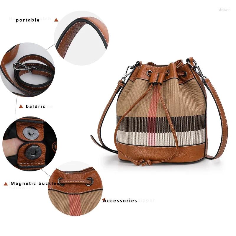 Free Shipping Drawstring The Latest Style Of Checkered Pattern Women's Single Shoulder Crossbody Bag With High-quality Canvas And Cowhide Bucket