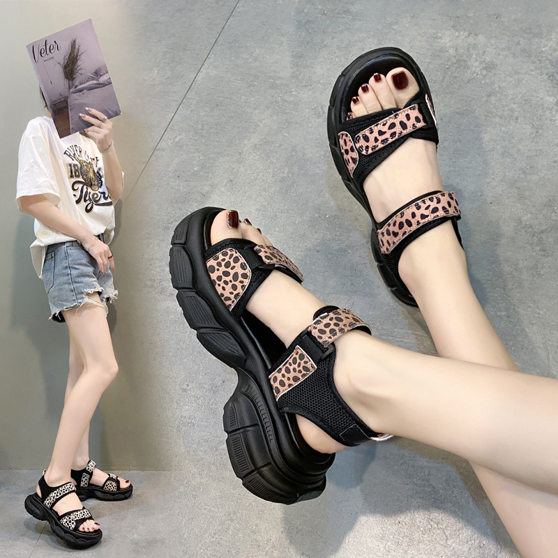 Leopard Hook Loop Platform Sandals Women Mesh Knitting Thick Bottom Sandals Woman Summer Wedges Non-Slip Sports Sandalias Mujer