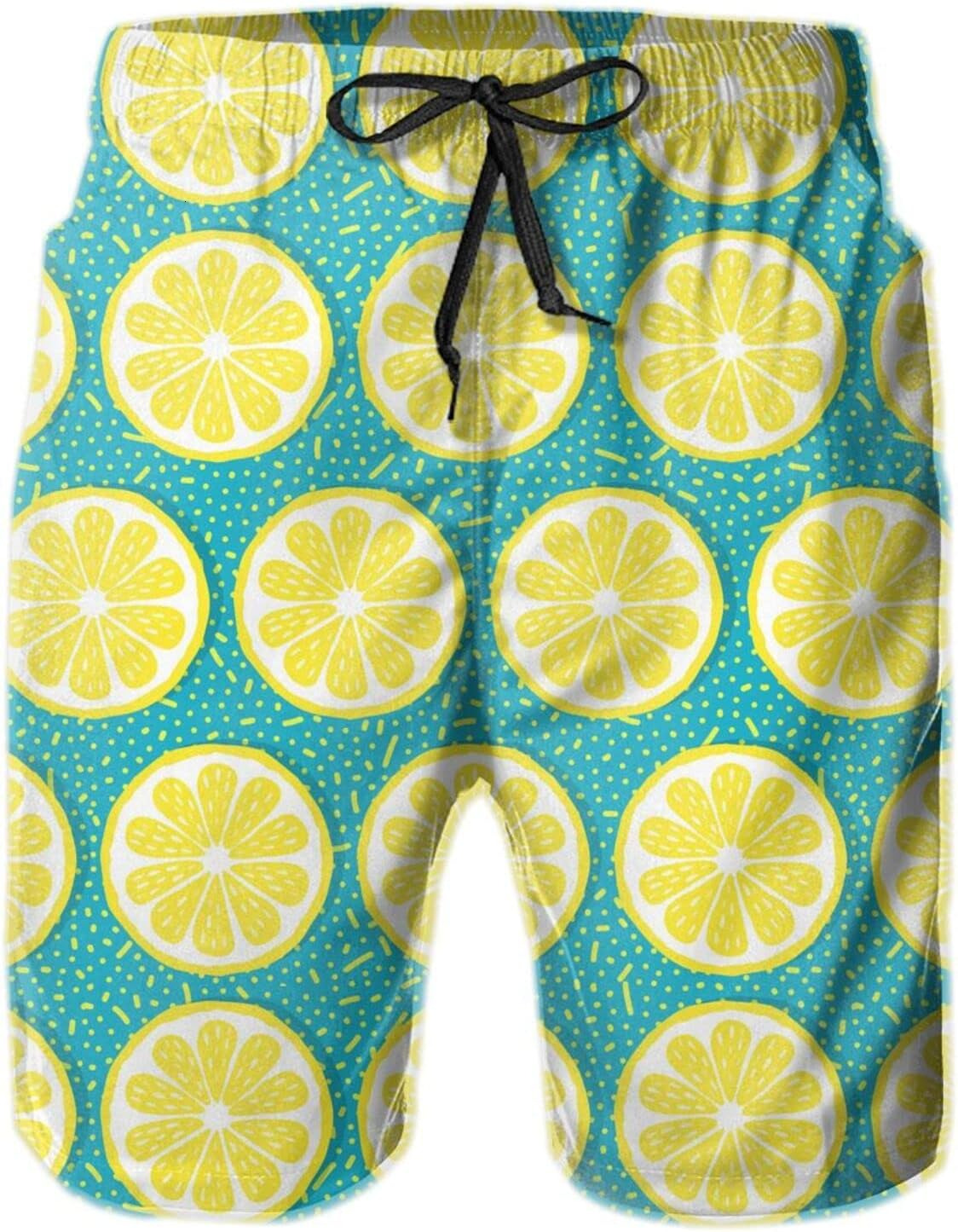 Mens Shorts 3D Printed Pattern Lemon Swim Trunks Quick Dry Print Beach Board Swimwear