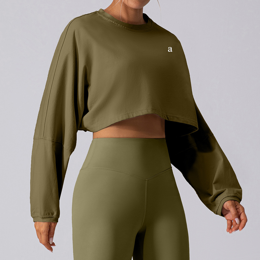 A488 Crew Neck Sweater Shirts Sports Short Bottoming Shirt Yoga Running Loose Long Sleeve Loose Top Women