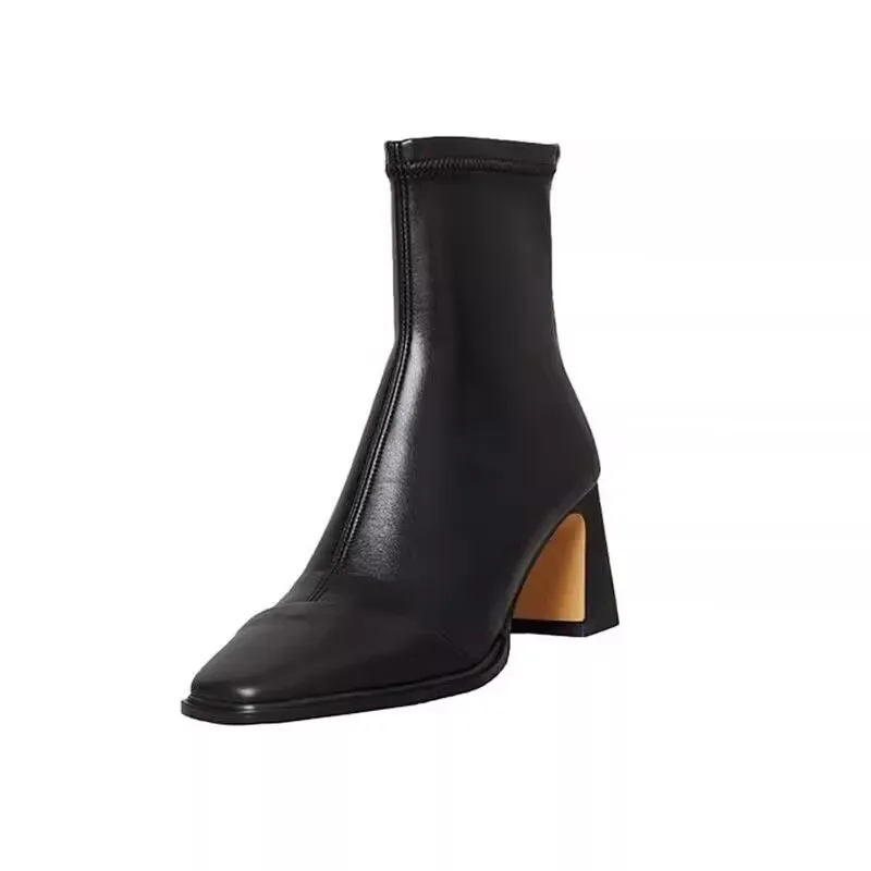 Ankle Boot New Women Winter 2024 Black Sexy Square Head Low Heel Shoes Footwear Zip Comfy Short Boots White Stretch Tight Boots