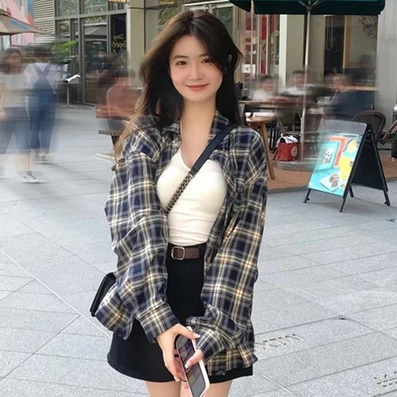 Womens plain weave shirt long sleeved checkered green pink top womens basic fashion clothing 240814