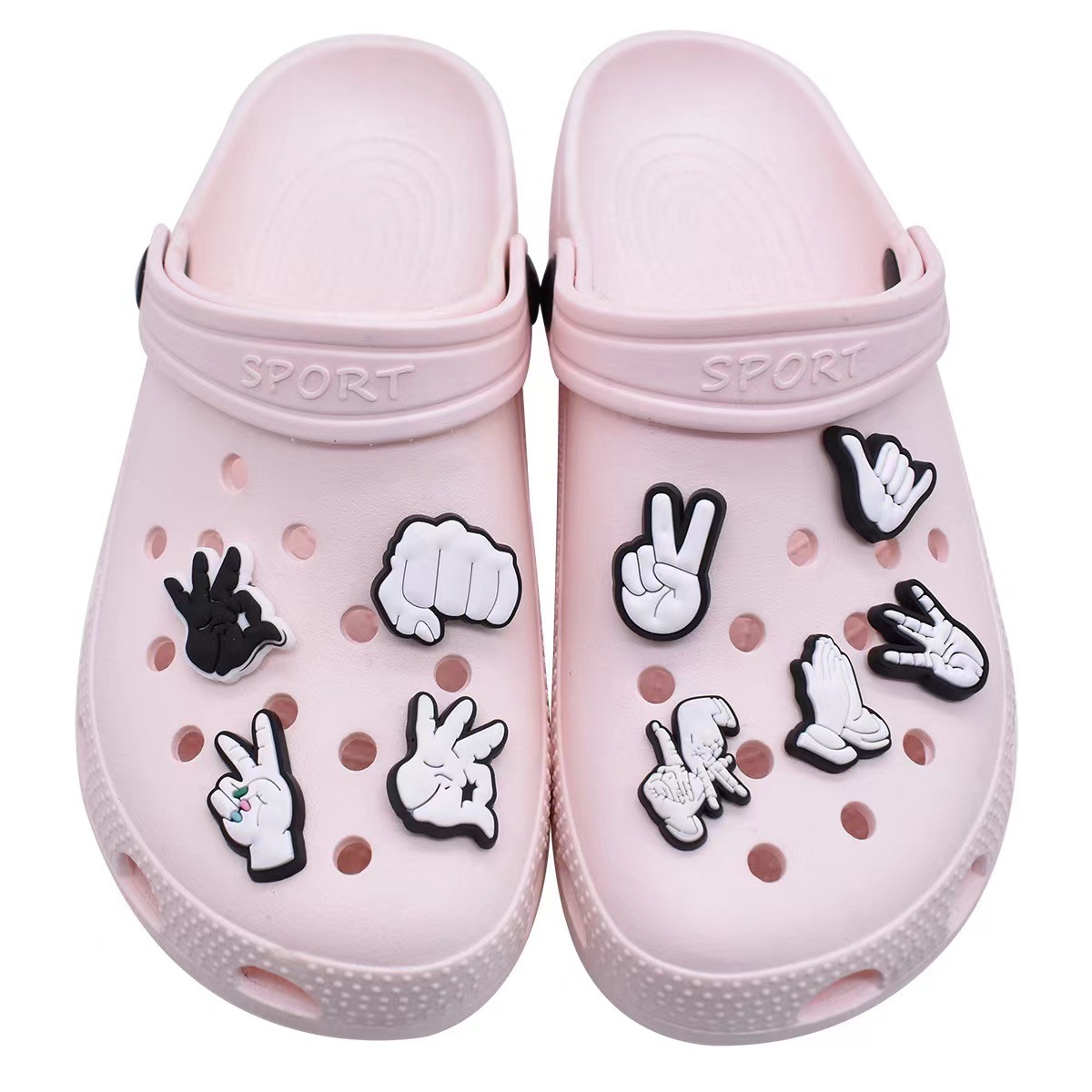 2025 new Trendy 12pcs Various Gestures PVC Shoe Charms DIY Pins Funny Handle Shape Sandals Upper Accessories Shoes Buckle Decorations 11b0 s 56cd