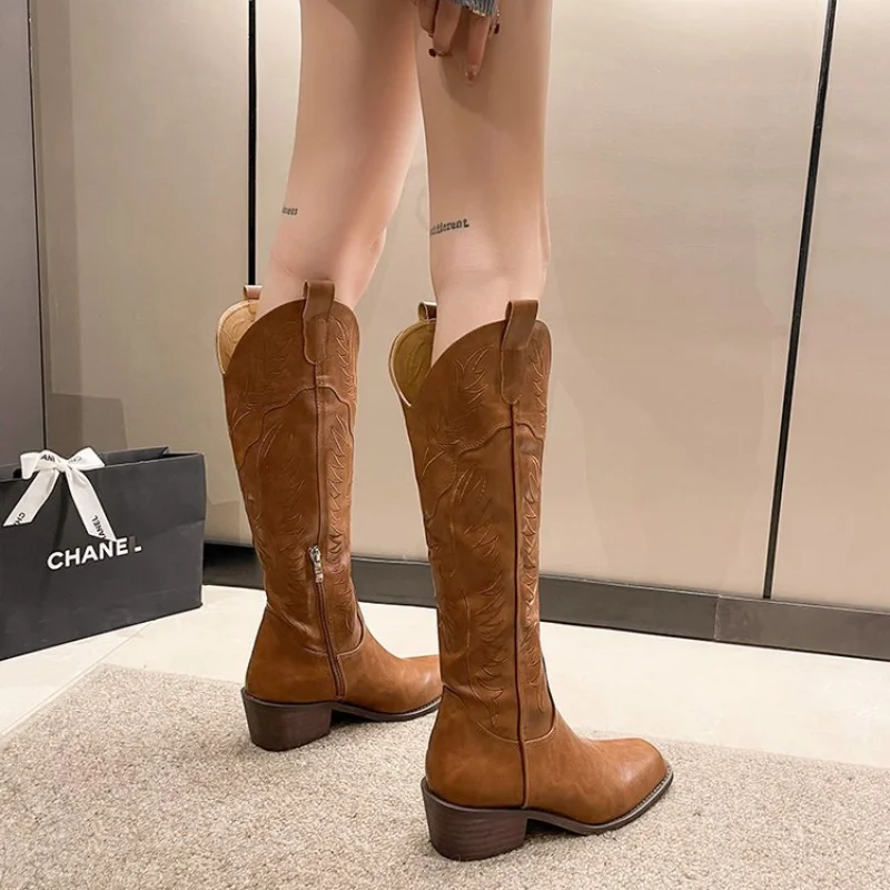 Chunky Western Women Cowboy Vintage Square-toed Sexy Trend Shoes Winter Designer Long Boots Knee High Heels Boot 5821