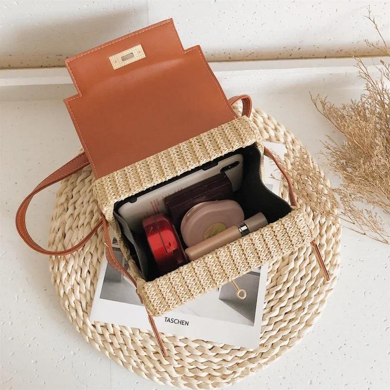 3 Shoulder Bags Fashion Box Straw Women Handbags Designer Wicker Woven Crossbody Chic Lock Pu Summer Beach Rattan Small Flap 4