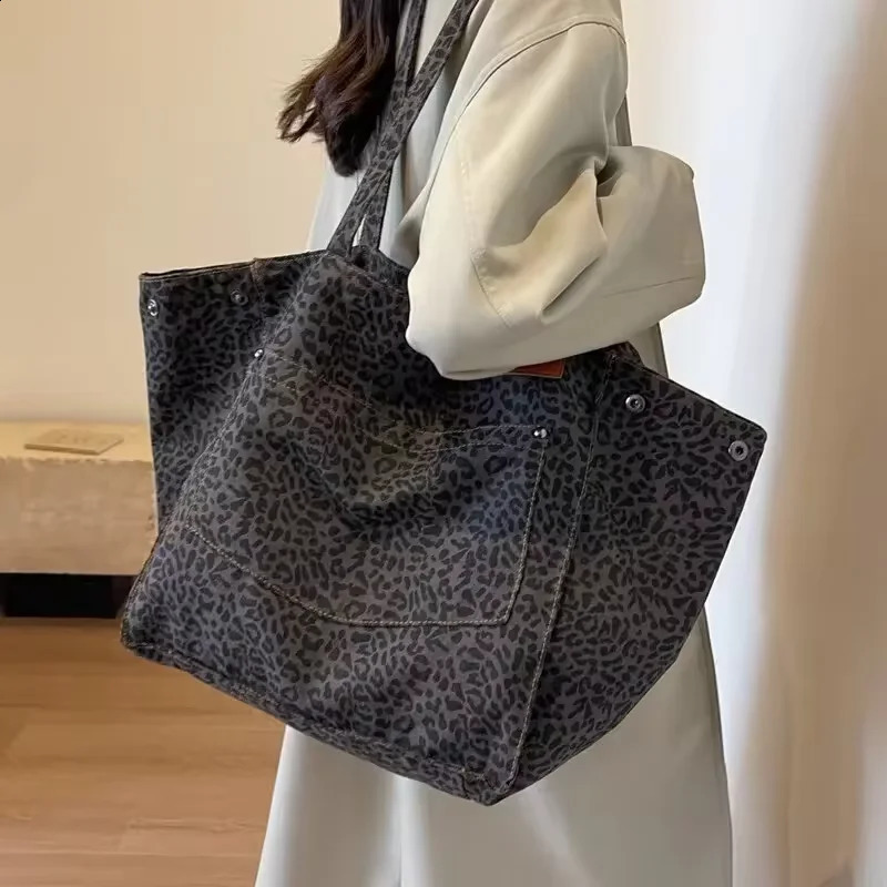Leopard Pattern Tote Bag Vintage Canvas Shoulder Bag Fashion Big Capacity Handbag For School Work Shopping 240904