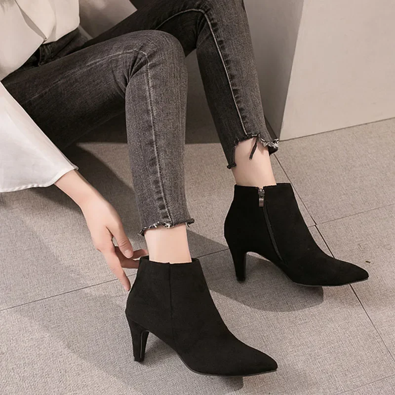 Heels High Ankle Plus Size Leopard Women Boots Retro Pointed Ladies Shoes Side Zipper Booties Botas De Mujer e9bc