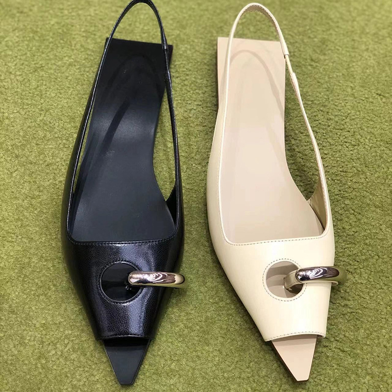Designer Pointed 11e33 Flat Metal Sandals Women 2024 New Open Toe Low Heel Mueller Shoes Women's Fashionable Sandalias Femininas 's