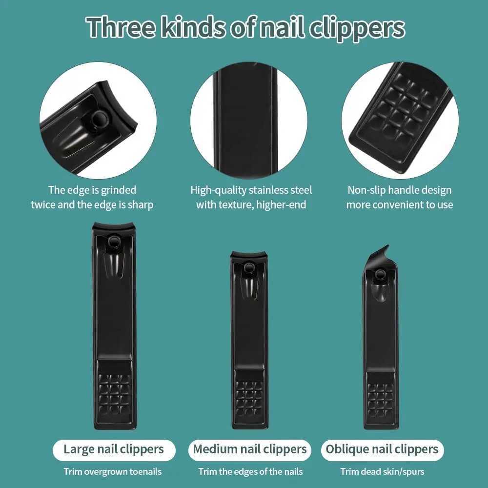Stainless steel nail clippers cutting machine trimmer earplug beauty kit ergonomics foot clippers nail pushing tool set black Tra W240904