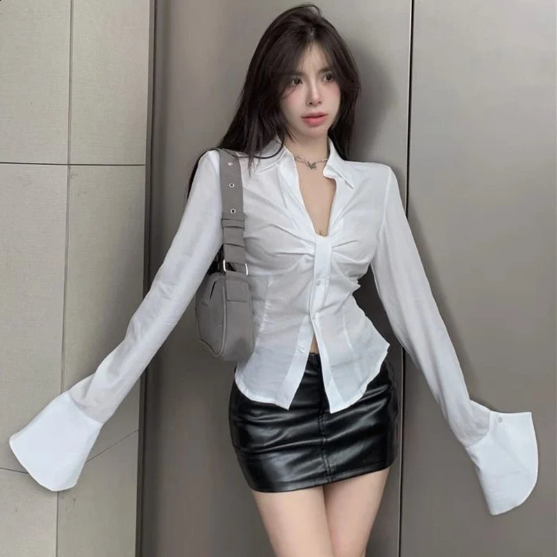 Womens elegant white shirt summer sexy Vneck pleated fashion crop top Korean streetwear long sleeved 240814