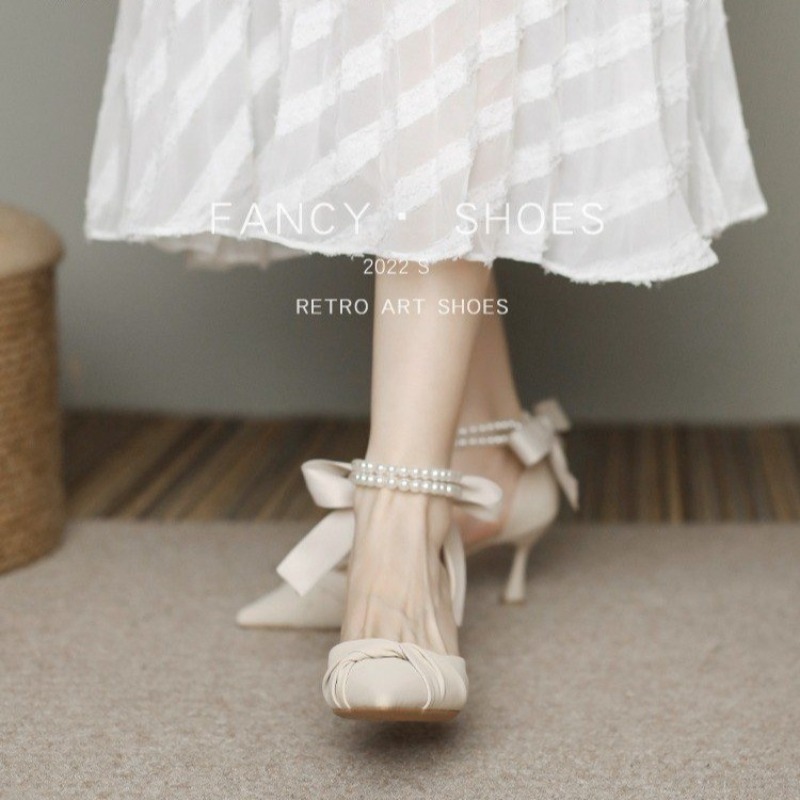 Silk Ankle Pearl White Design 8cm High Heels Women Pumps Stiletto Sexy Bow Strap Dress Wedding Bride Shoes Plus Size 2024
