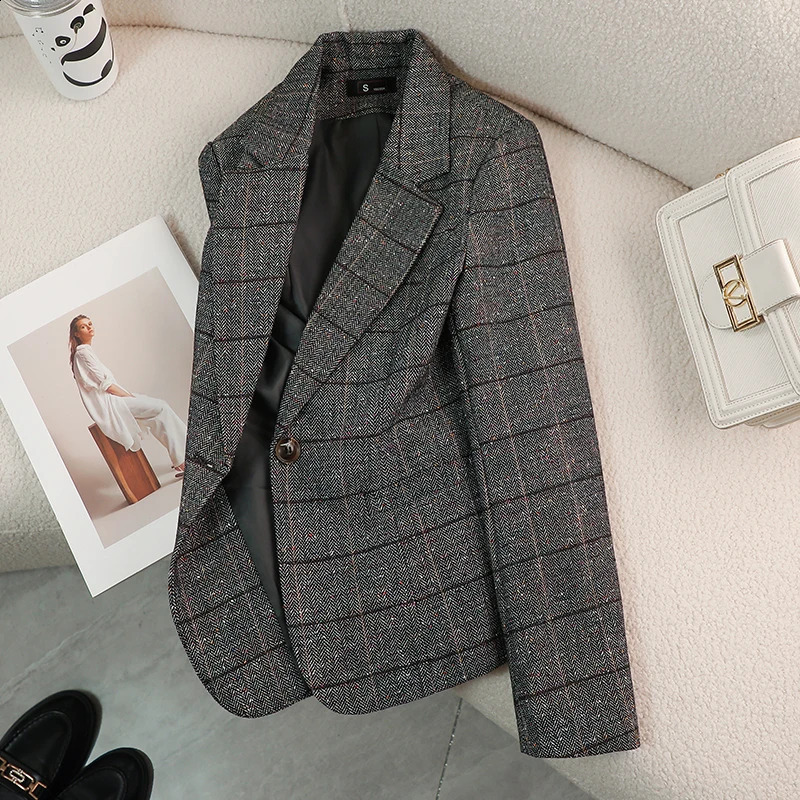 ZJYT Autumn Woolen Jackets for Women Winter Coats Long Sleeve Plaid Vintage Thick Outerwears Elegant Jaqueta Feminina 240830
