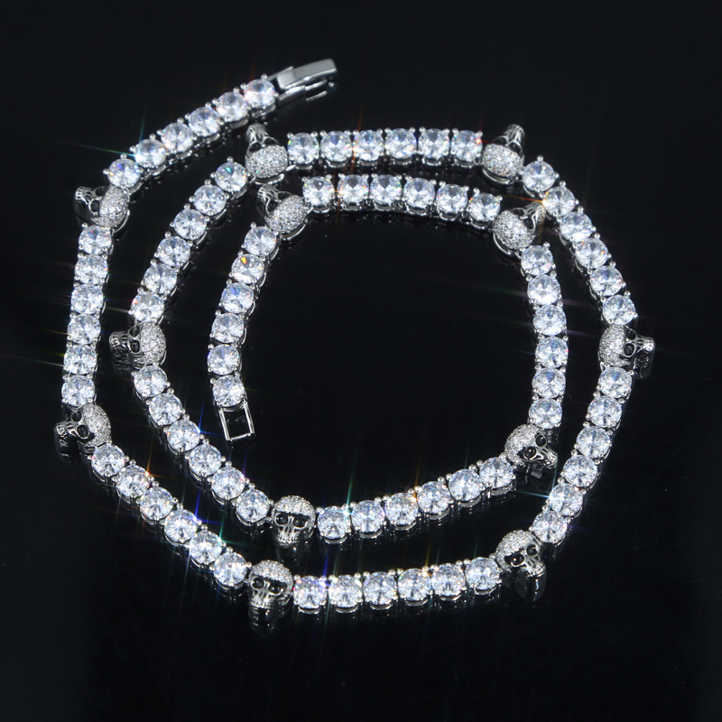 New Fashion 5mm Moissanite dias Tennis Chain with Cool Skull Pendant Long Necklace for Men Women Boy Hip Hop Jewelry Gift