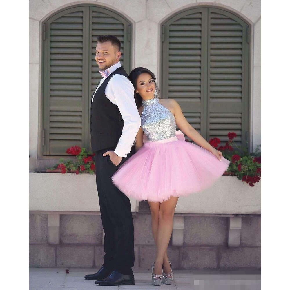 Pink Puffy Sier Sequins Homecoming Dresses Halter High Neck Short Mini Tail Party Ball Gown Formal Ocn Wear Custom Made