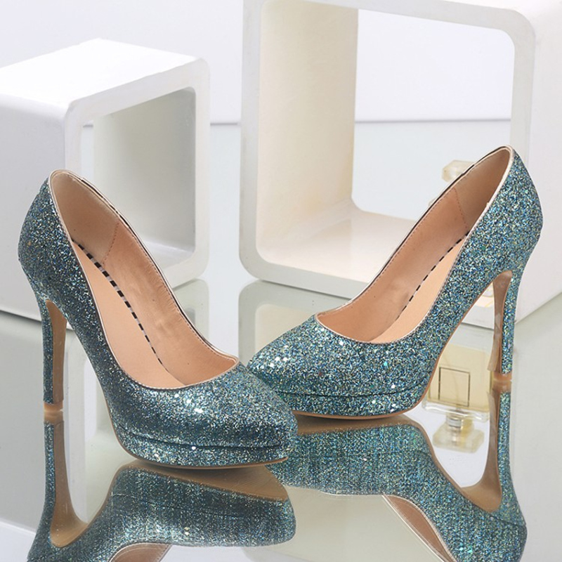 2025 new High Sexy Heels Woman Sequined Green Blue Heeled Pumps Elegant Fashion Office Party Wedding Shoes Ladies Large Size a29e