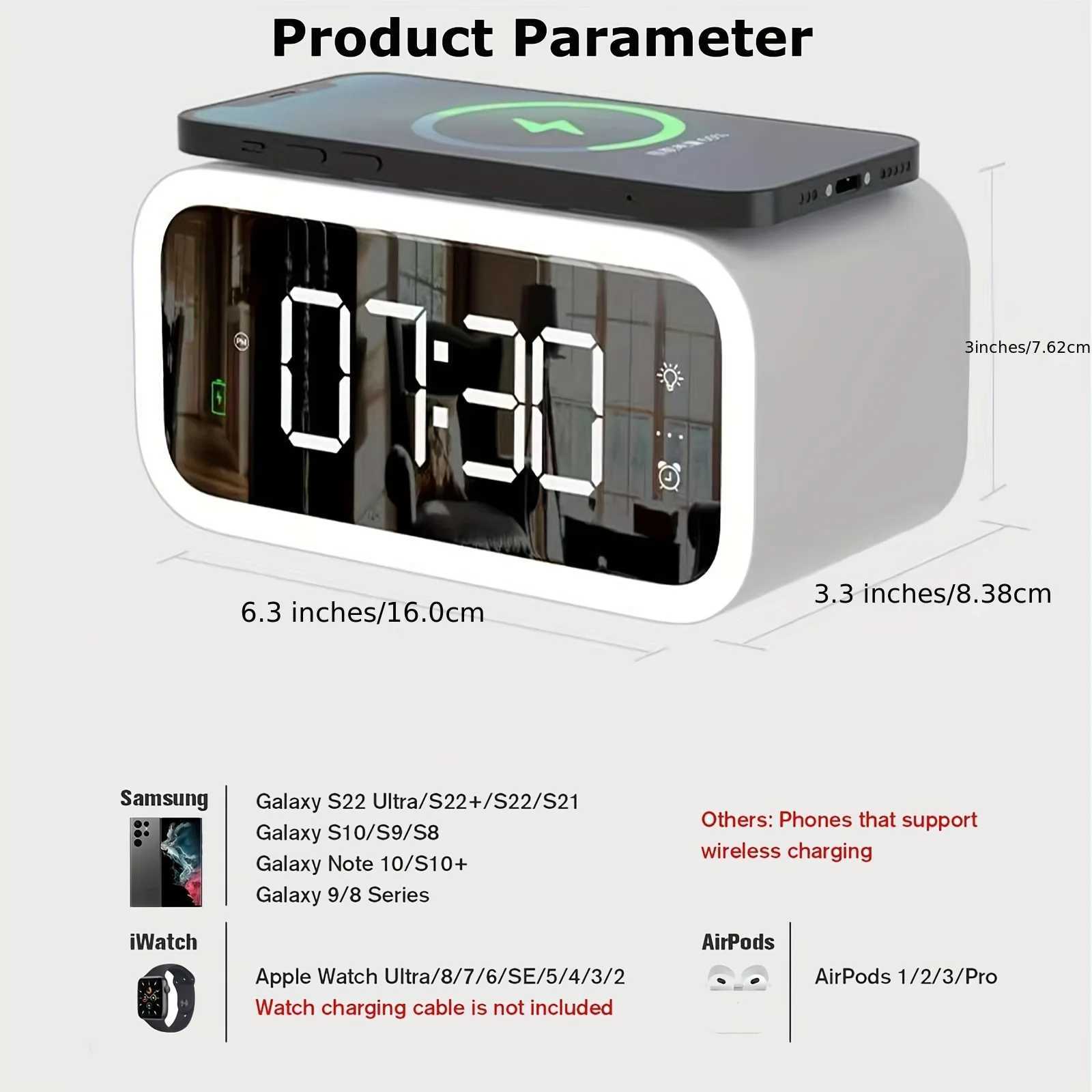 LED Large Screen Wireless Charging Alarm Clock Magnetic Fast Charging Wireless Clock Charger dimmable Alarm Clock Y240904