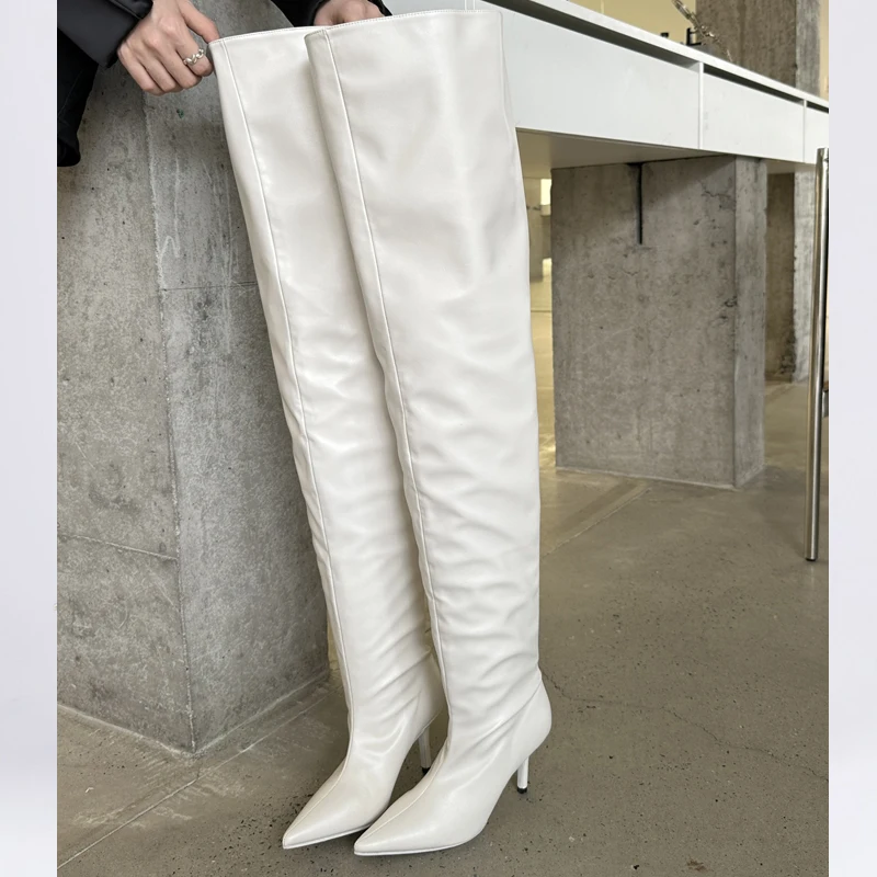 Sexy Thin Heels Over-the-Knee Boots Women Pleated Nightclub Shoes Autumn Winter Pointed Toe Thigh High Long Booties