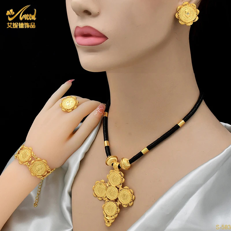 ANIID Indian Black Rope Set 24k Gold Color Coin Charm Jewelry Sets for Women Ethiopian Engagement Necklace Set Arab Party Gifts 240903