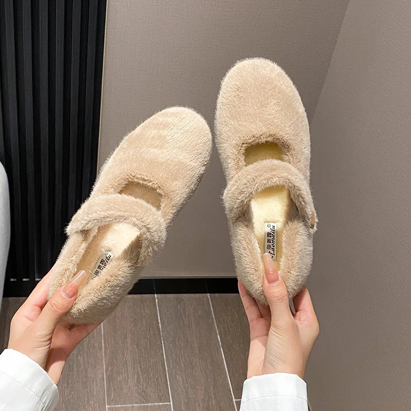 Rabbit Fur Mary janes shoes woman round toe ankle strap furry loafers 34-43 big size warm plush winter shoes female cotton flats 240903