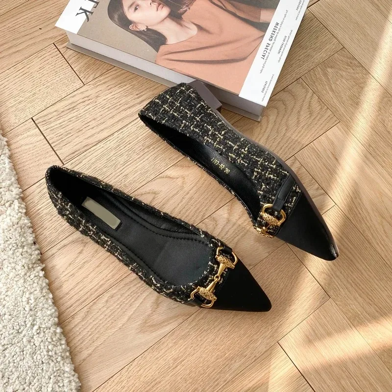 Spring and Autumn New Pointed Toe Single Shoes Shallow Mouth Slip-on Flats Metal Decoration Low-heeled Women's Shoes