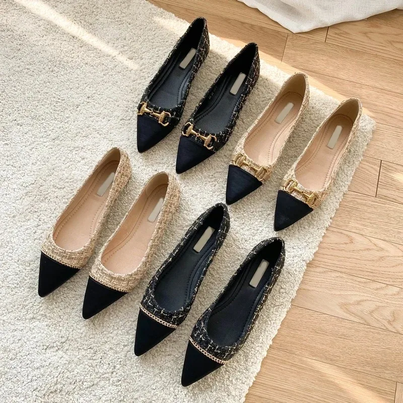Spring and Autumn New Pointed Toe Single Shoes Shallow Mouth Slip-on Flats Metal Decoration Low-heeled Women's Shoes