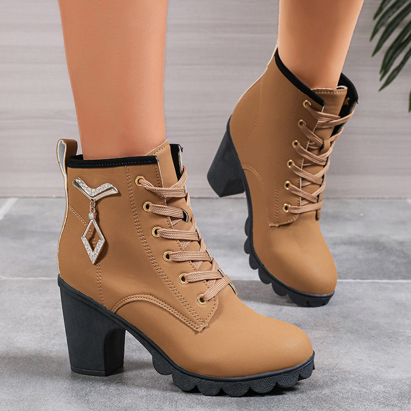 Women's Chunky Heeled Ankle Boots Metal Decoration High Heels Booties Woman 2024 Autumn Lace Up Platform Short Boots Plus Size