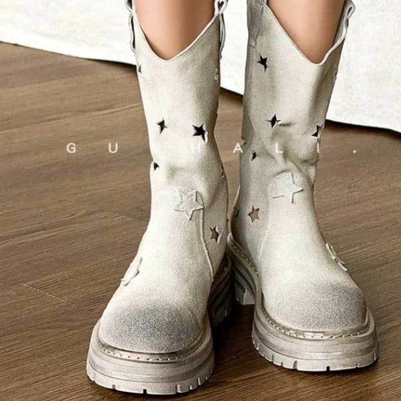 Boots Cowboy Women Shoes Mid Calf Western New Rock Comfortable and Elegant Barefoot Hollow Out Engrave Retro Chunky Hot Designer 1e9a