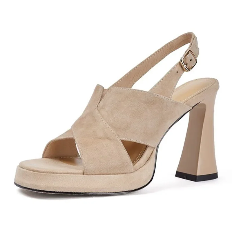 Women Heels Sandals Square Toe Thick Heeled Pumps Elegant Back Strap Black Leather Shoes 39 40 Sizes Outside 7924