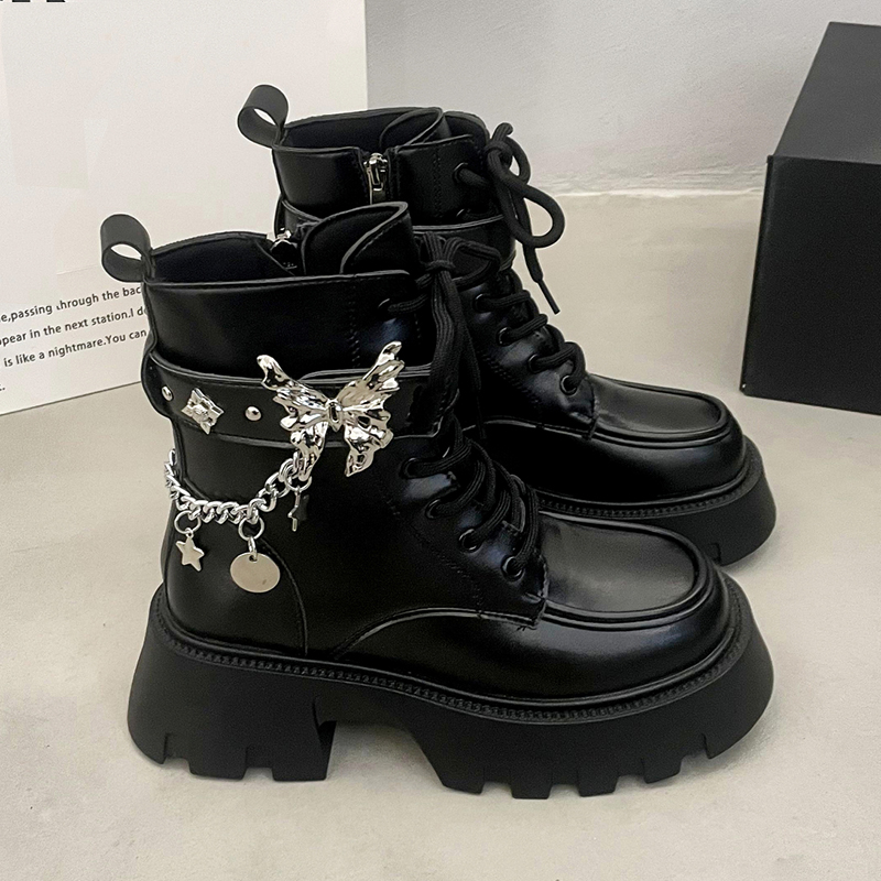 Platform Wedges Gothic Zipper Ankle Women's Metal Thick Heel Motorcycle Boots 2024 Autumn Lace-Up Fashion Booties 6a55 4