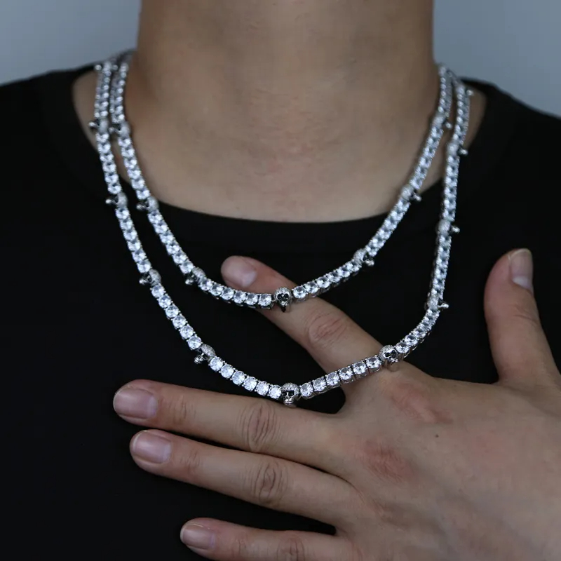 New Fashion 5mm Moissanite dias Tennis Chain with Cool Skull Pendant Long Necklace for Men Women Boy Hip Hop Jewelry Gift