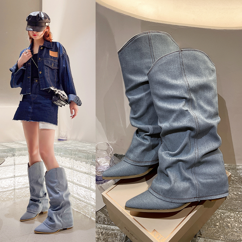 Pleats New Blue Denim Thigh High for Women Autumn Thick Heeled Pointed Toe Cowboy Woman Slip on Western Long Boots d559 Lg
