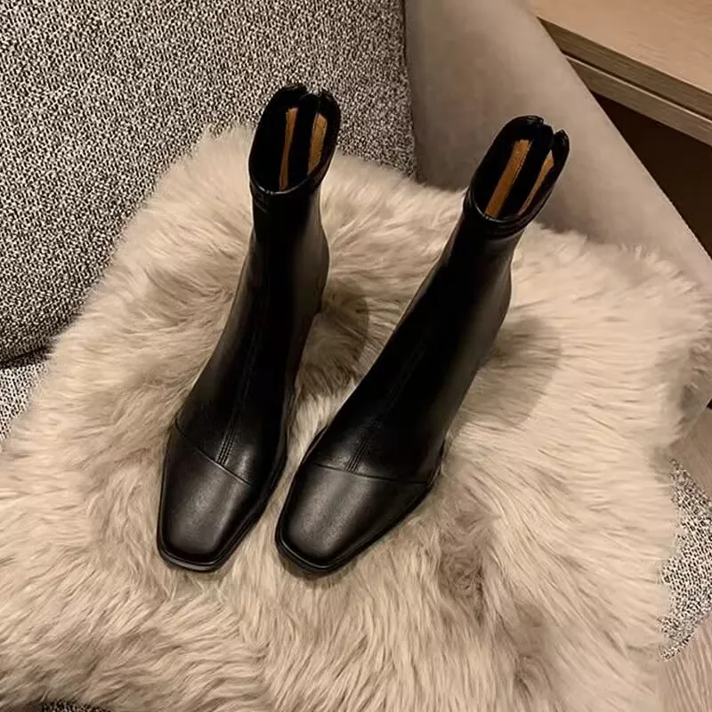 Ankle Boot New Women Winter 2024 Black Sexy Square Head Low Heel Shoes Footwear Zip Comfy Short Boots White Stretch Tight Boots
