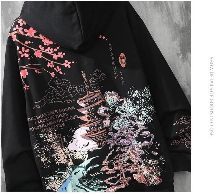 Hoodie for Mens Womens Aesthetic Japanese Sakura Hoodie, Y2K Anime Harajuku Cloth Korean Hooded Long Sleeve Sweatshirt for Winter Fall Graphic Hoodies