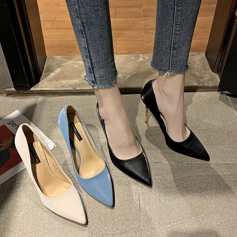 Pointed Spring Toe Denim 6-8cm Thin High Heels Lady Pumps Slip on New Sexy Hot Woman Party Classics Office Shoes Big Size Women 3f1a