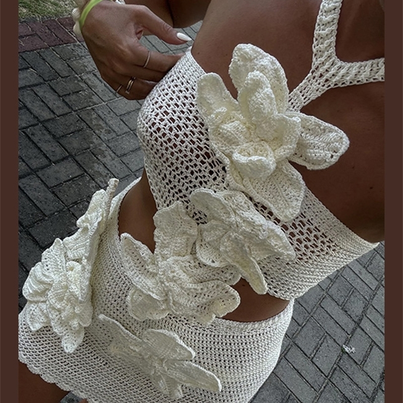 3D Flower Knitted Mini Dresses For Women Backless Hollow Out Lace Up Short Dress Fashion Slim Chic Beach Female 240903