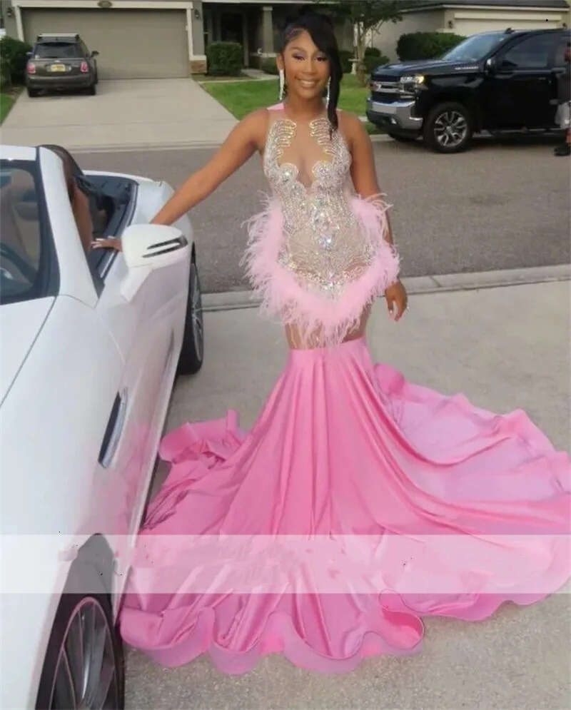 Dias Prom Pink Dress For Black Girls Glitter Bead Crystal Rhies Feathers Evening Birthday Party Gown