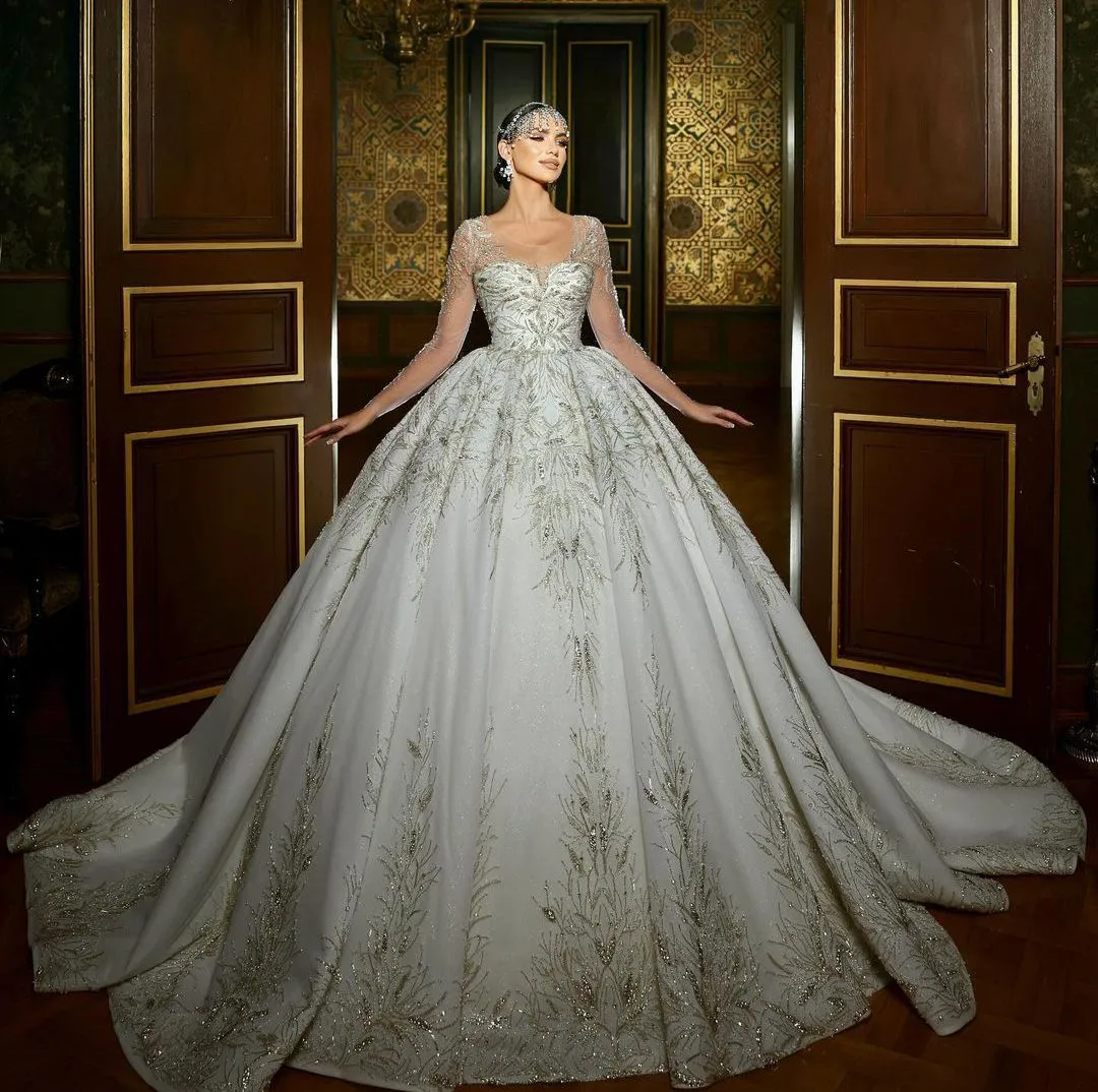Long Sleeve Sequin Lace Wedding Dress Ruffle Ball Bridal Gown 6660311