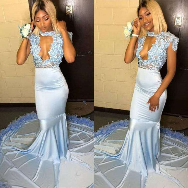 Sky Light Blue Prom Dresses Mermaid Lace Applique Feather High Neck Custom Made Ruched Evening Party Gowns Vestidos Formal Ocn Wear Plus Size