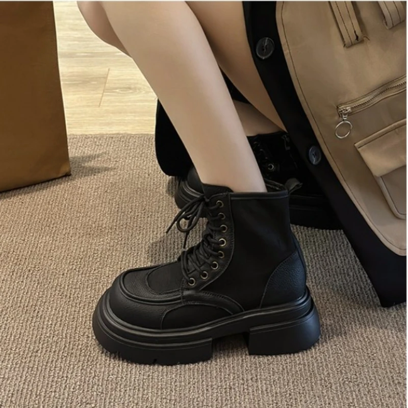 Heel Shoes Flat Boots Women New 2024 Round Toe Lace Up Rock Med Lolita Ladies Ankle Summer Basic Canvas Cross-tied PVC Lace-Up S 7fe6 -