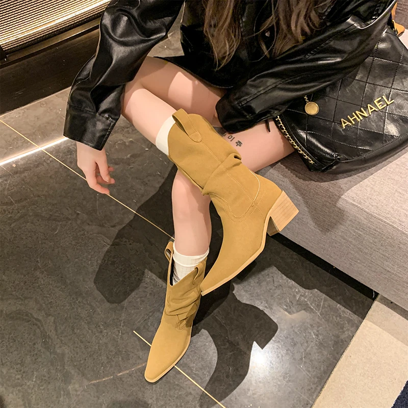 High Heels Mid Calf Pleated for Women Autumn Winter Brown Pu Leather Western Boots Woman Thick Heeled Cowgirl Botas Mujer