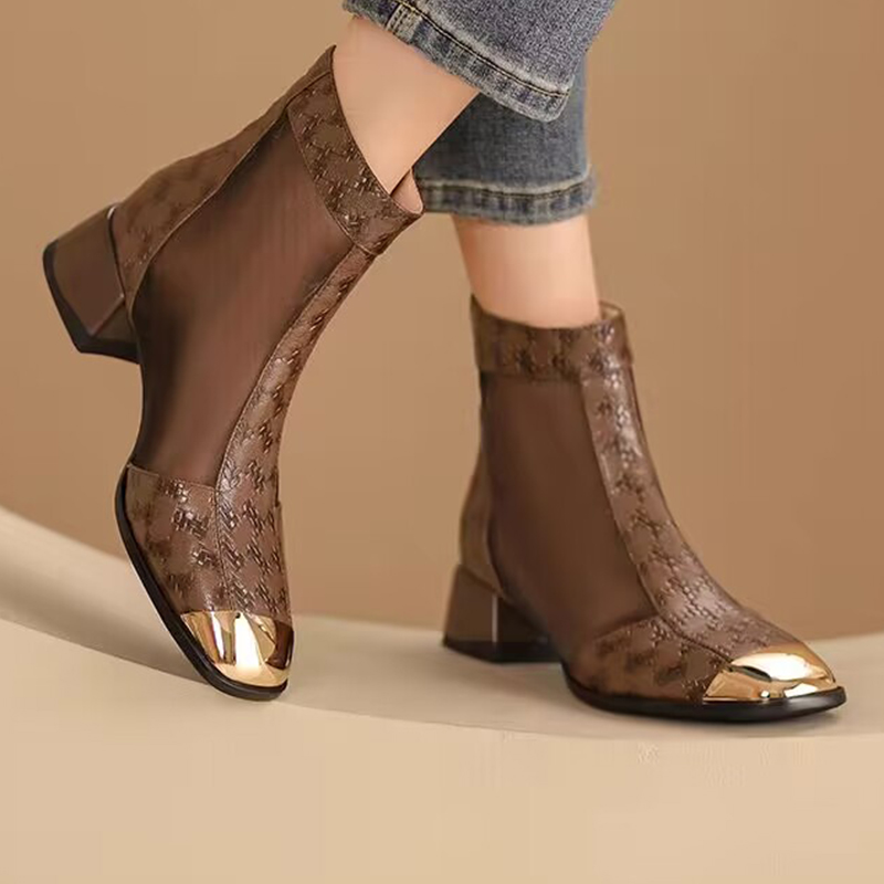 Black Mesh Breathable Women Thick Heel Ankle Boots Fashion Patchwork Print Close Toe Shoes 2024 Autumn Ladies Square Heel Pumps