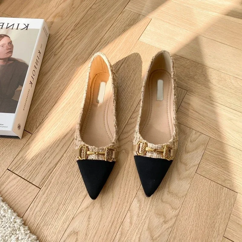 Spring and Autumn New Pointed Toe Single Shoes Shallow Mouth Slip-on Flats Metal Decoration Low-heeled Women's Shoes