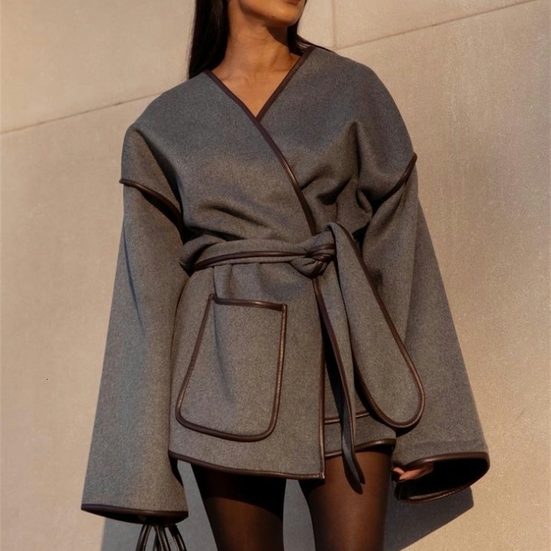 Vintage Grey Womens Coat with Belt Casual Loose Vneck Cardigan Jackets Fashion Windproof Women Coats Solid Color Jacket y240903