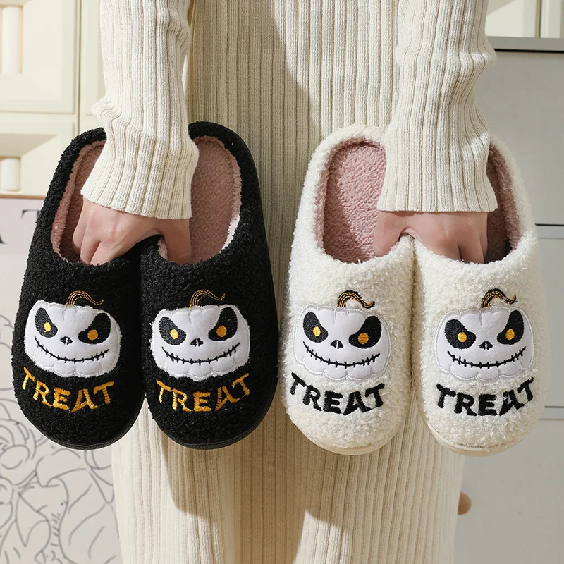 New Halloween Cute Cartoon Pumpkin Warm Furry Cotton Slippers Fashion Soft Sole Couples Home Indoor Cotton Shoes