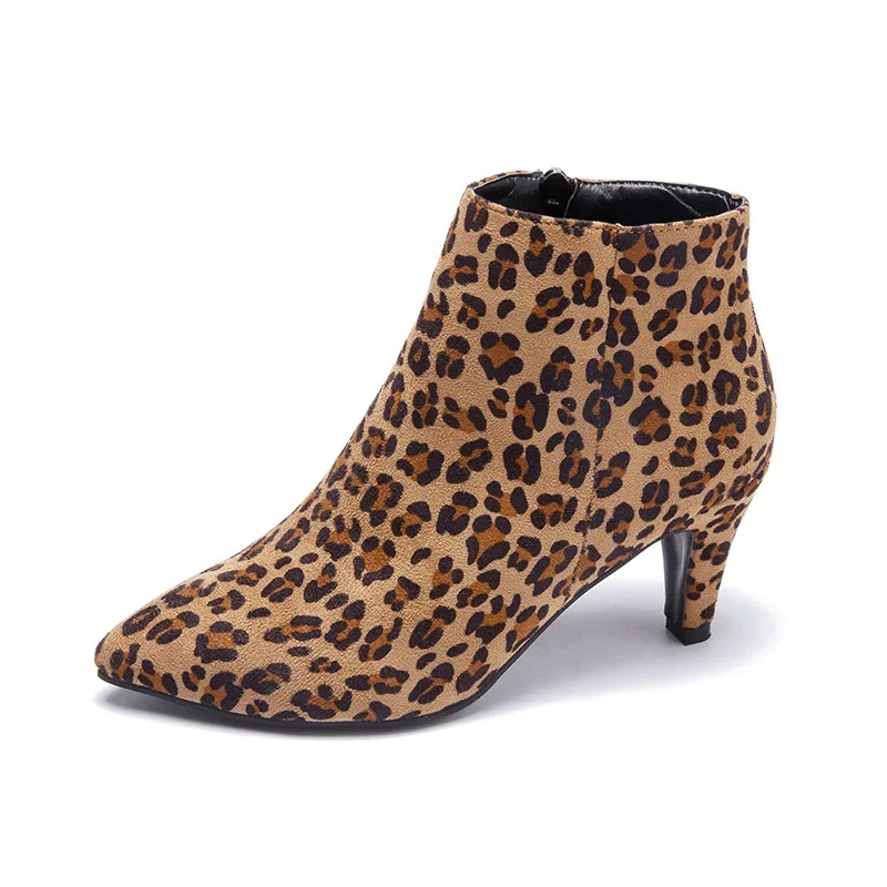 Heels High Ankle Plus Size Leopard Women Boots Retro Pointed Ladies Shoes Side Zipper Booties Botas De Mujer e9bc